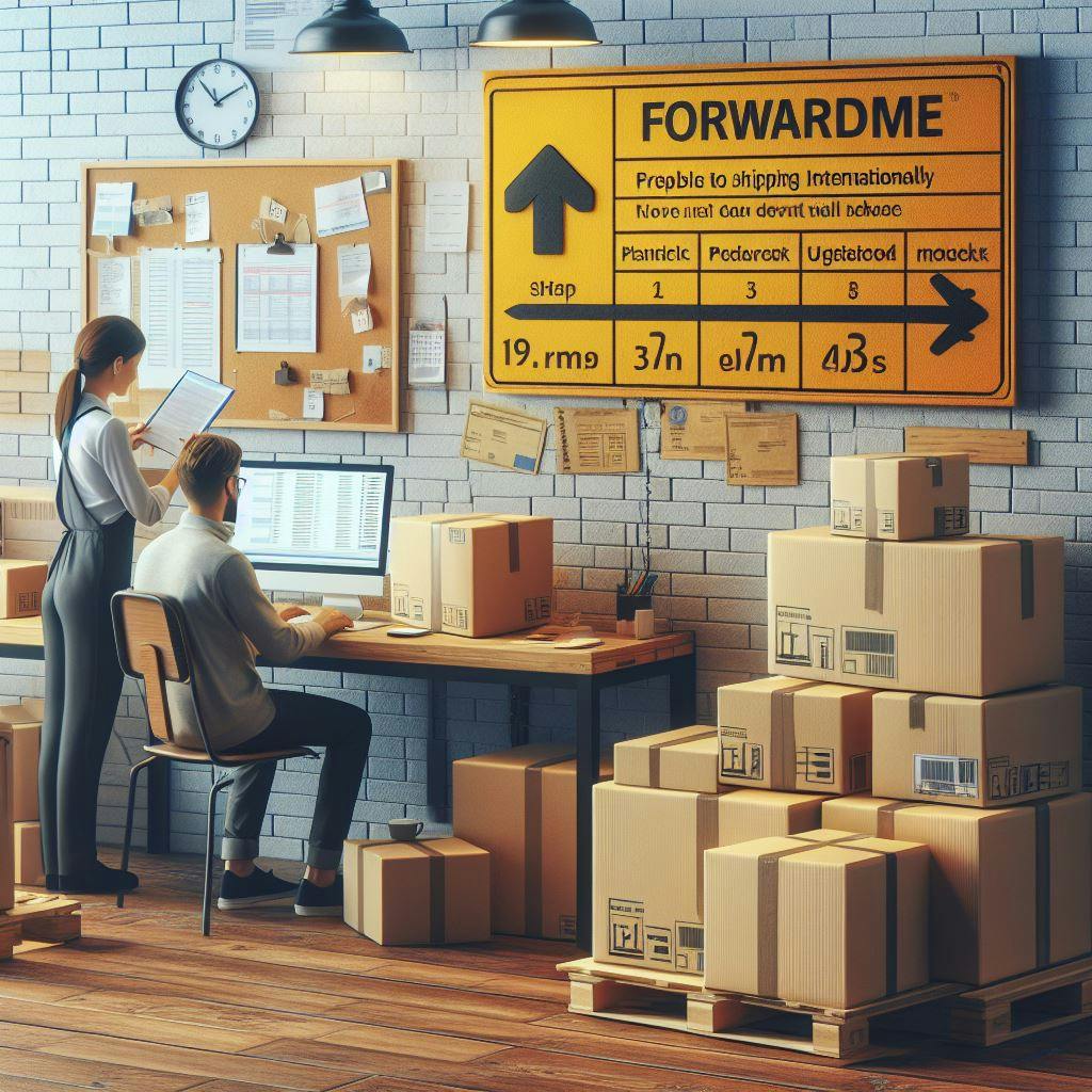 Two warehouse workers preparing packages to ship internationally. 