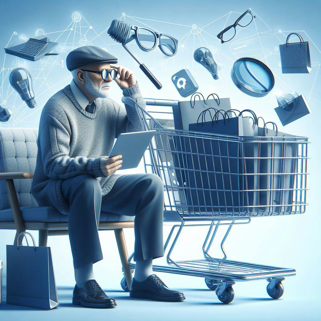 An old man on the side of a shopping cart, representing full shopping cart. 