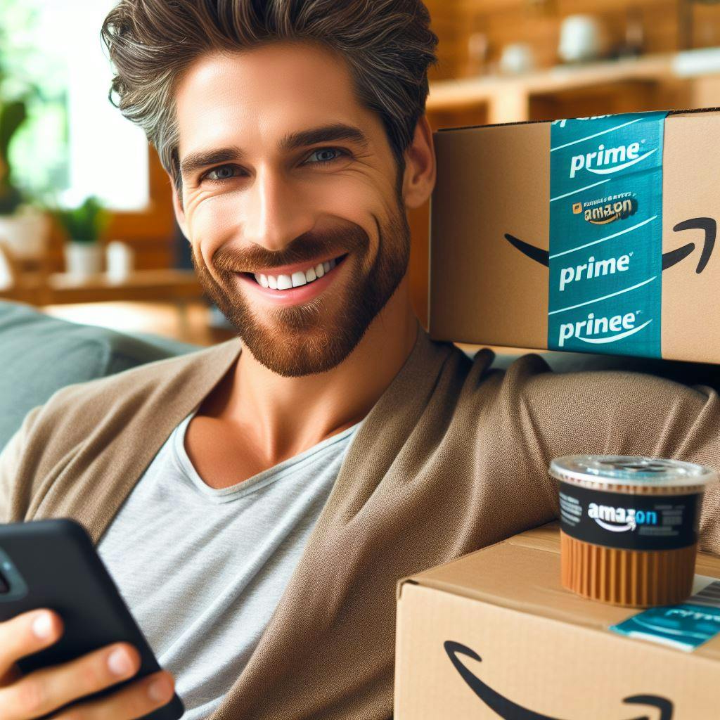 A man shopping online from Amazon with Prime membership. A man shopping online from Amazon with Prime membership.