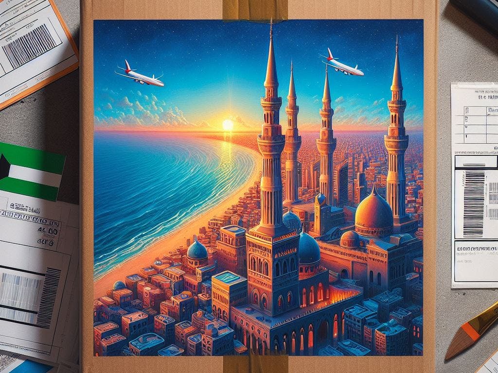 A Kuwait visual printed above the shipping package. 