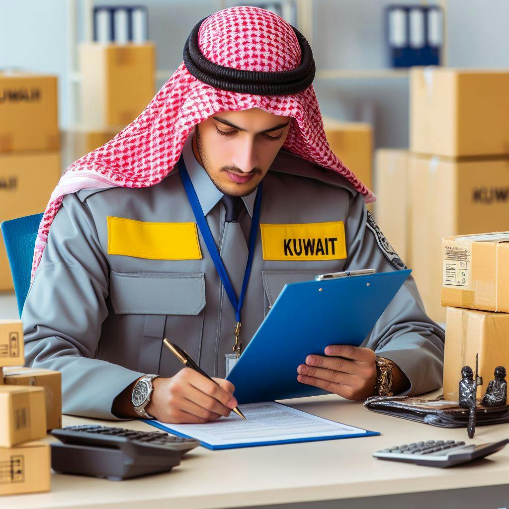 A customs officer working on the paperwork of a shipped package to Kuwait. 