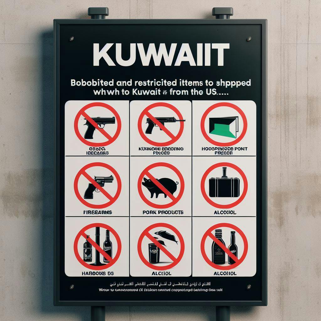A signboard shows the restricted and prohibited items to be shipped to Kuwait. A signboard shows the restricted and prohibited items to be shipped to Kuwait.