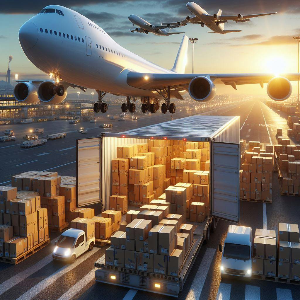 A cargo truck in airport delivering package to cargo plane to ship internationally. A cargo truck in airport delivering package to cargo plane to ship internationally.