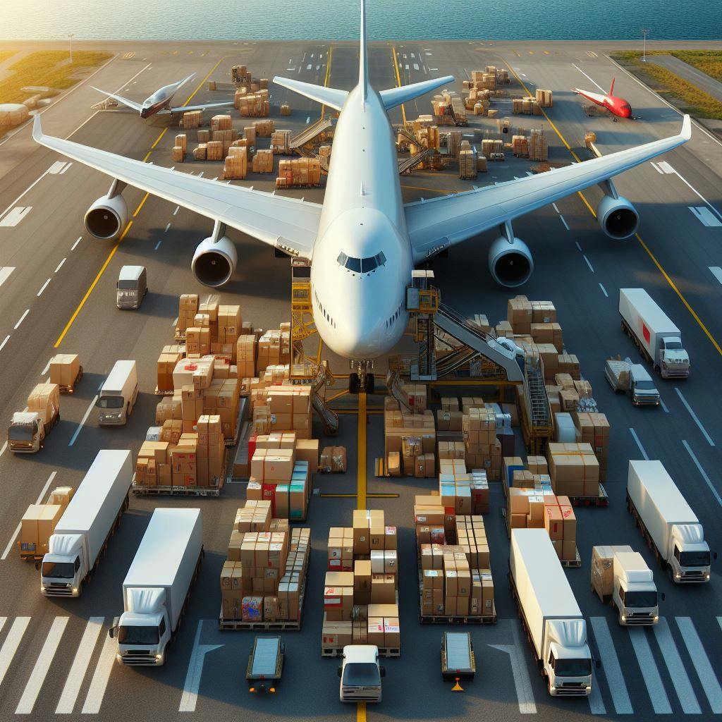 Cargo trucks in the airport delivering packages to cargo plane. Cargo trucks in the airport delivering packages to cargo plane.