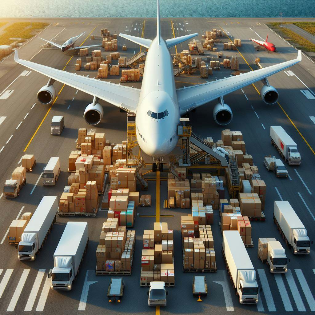 Cargo trucks in the airport delivering packages to cargo plane. 