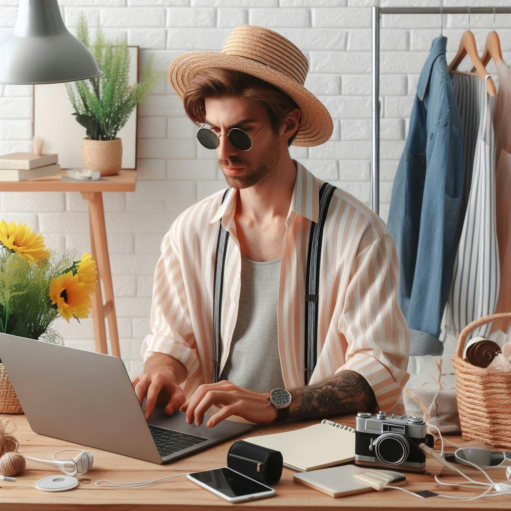 Handsome man searching online for fashion clothes. 