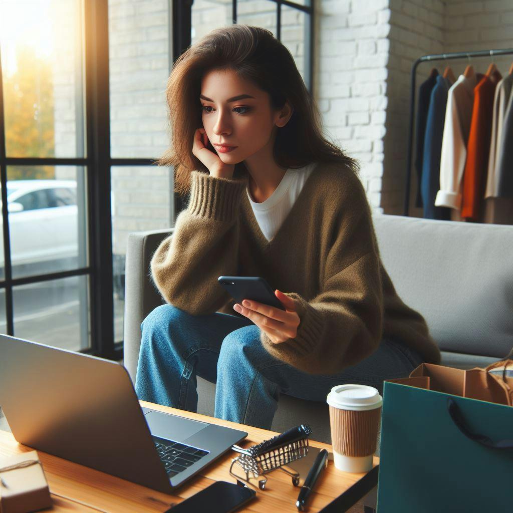 A woman shopping online from a coffee shop. 