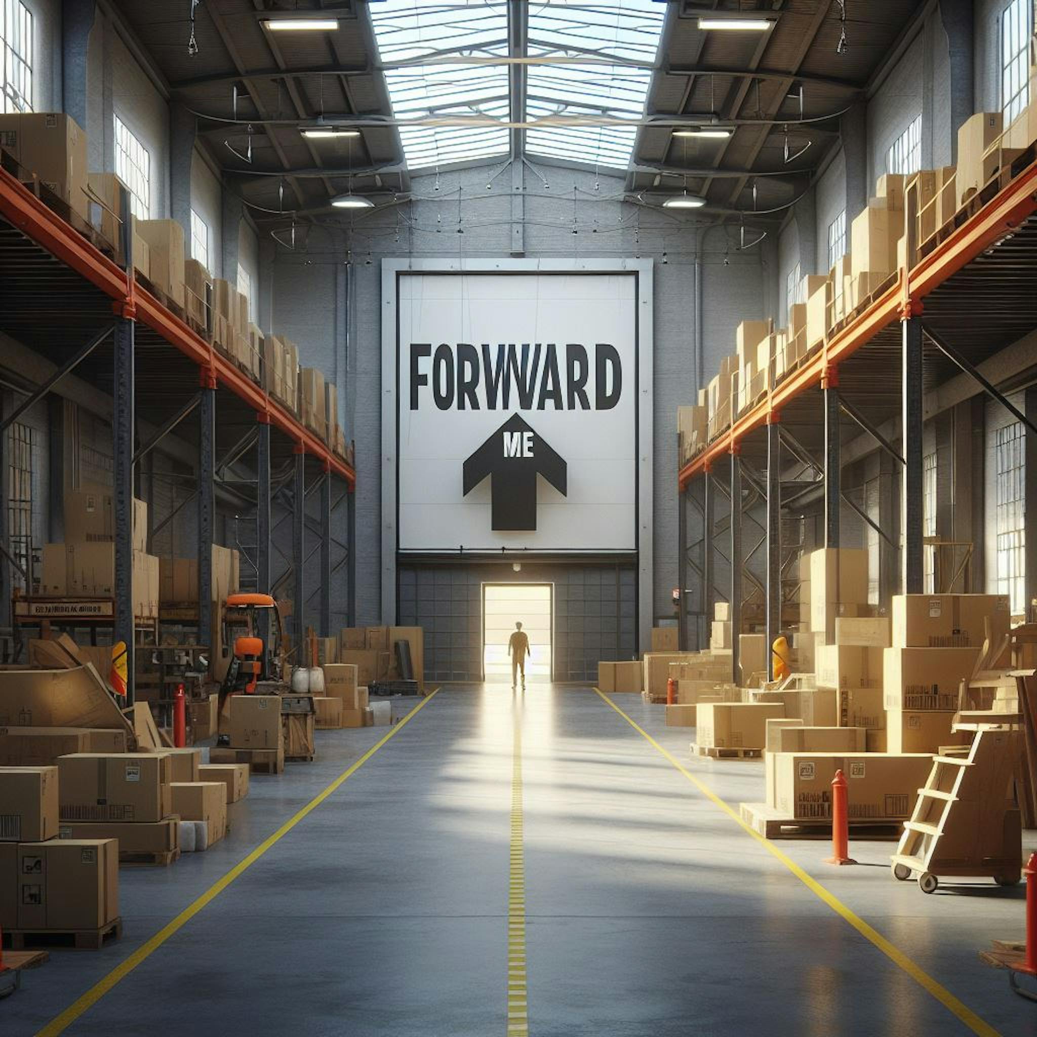 Forwardme warehouse with packages, and sigboard reads Forwardme. 