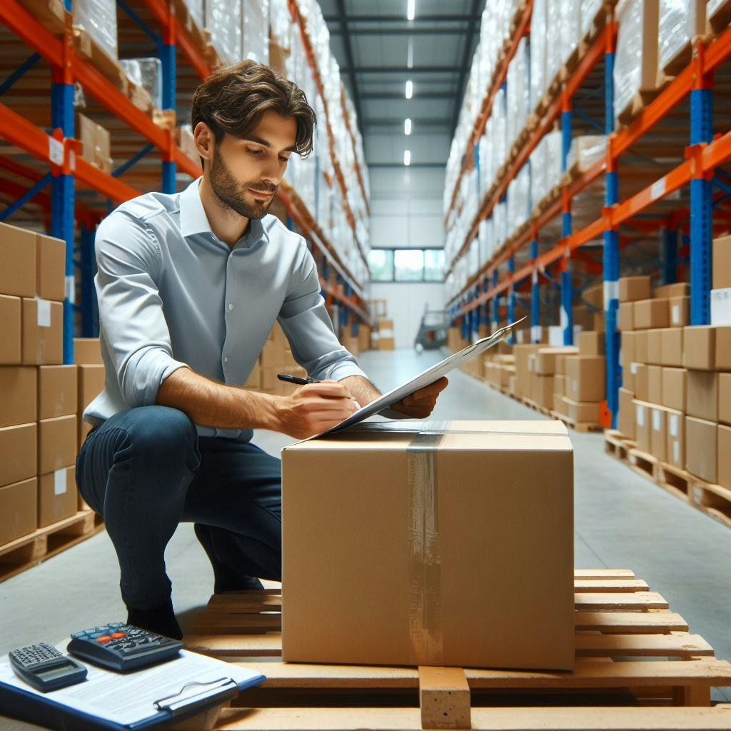 A warehouse worker working on a package for it to be shipped. 