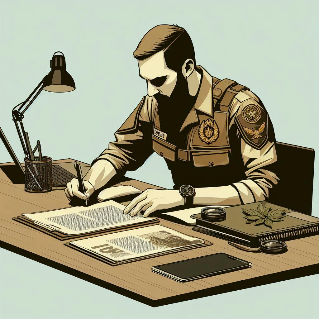 An officer working on paperwork for duties and taxes. An officer working on paperwork for duties and taxes.