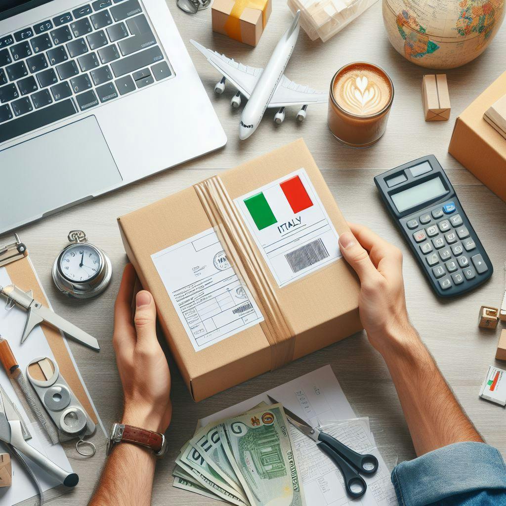 A package being prepared to be shipped to Italy. Package has Italy flag as well. 