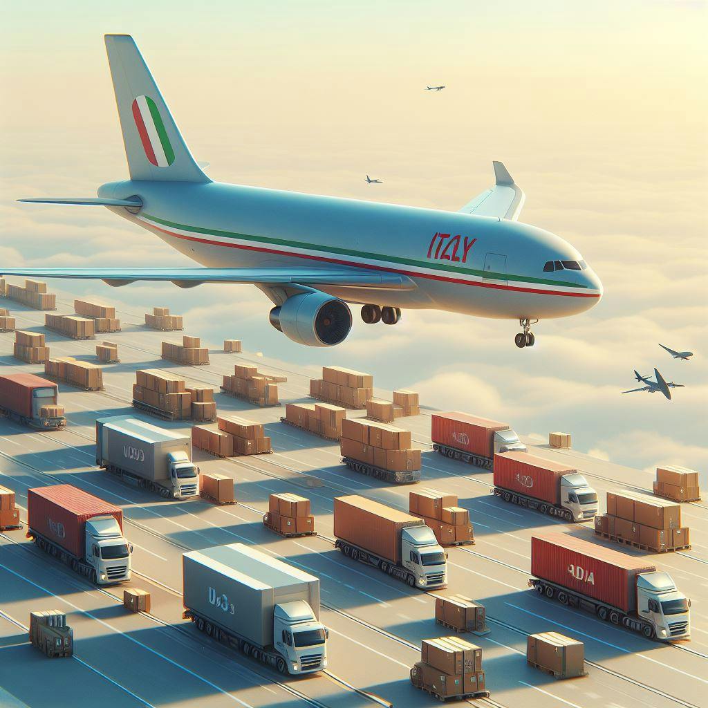 A cargo plane with courier trucks. A cargo plane with courier trucks.