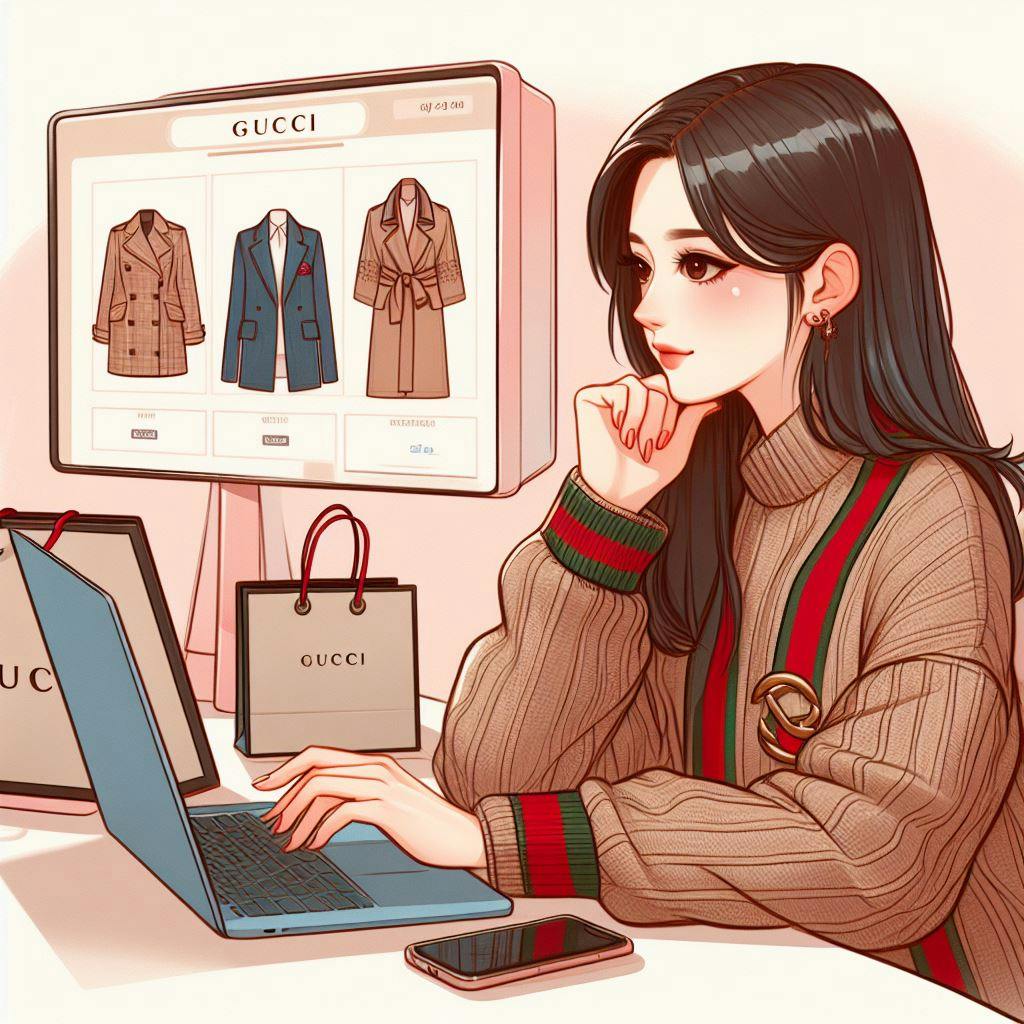 A young lady looking at Gucci products online. A young lady looking at Gucci products online.