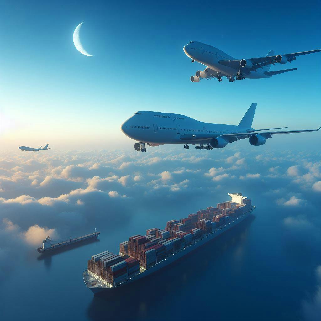 Cargo planes flying to deliver packages over ocean. 