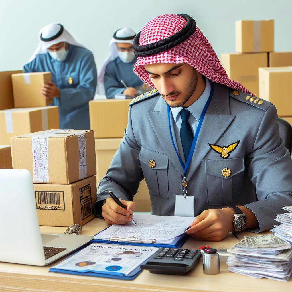 A customs officer working on the paperwork for the delivered package to Qatar. 