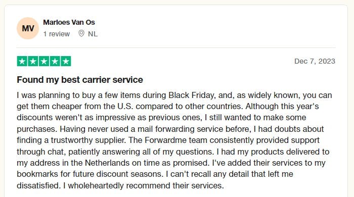 A Trustpilot review of a customer of Forwardme