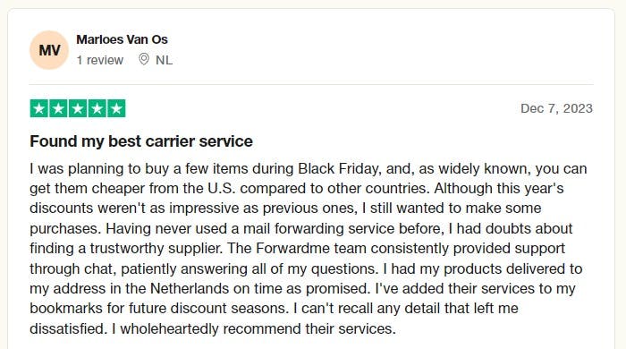 A Trustpilot review of a customer of Forwardme A Trustpilot review of a customer of Forwardme