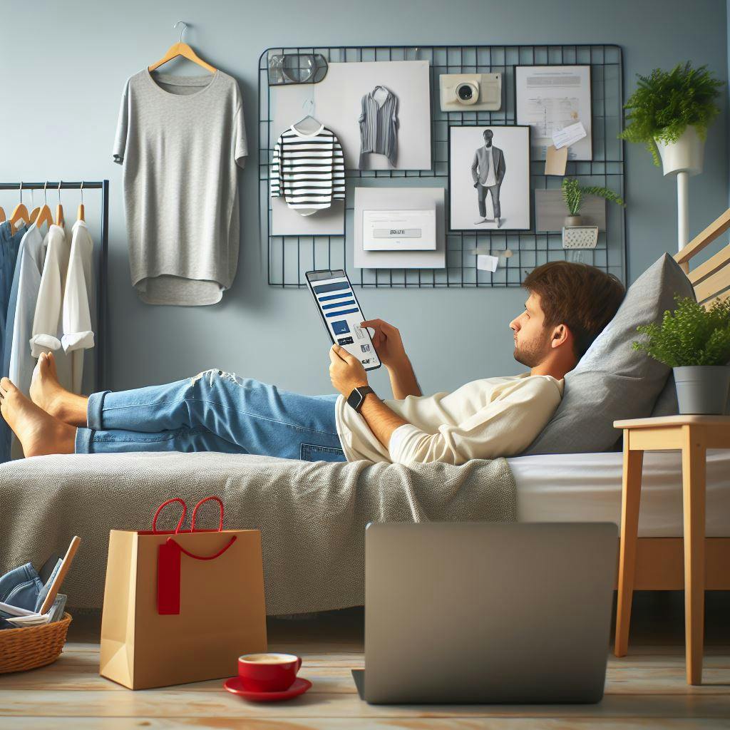 A man shopping online while laying down on his bed. A man shopping online while laying down on his bed.