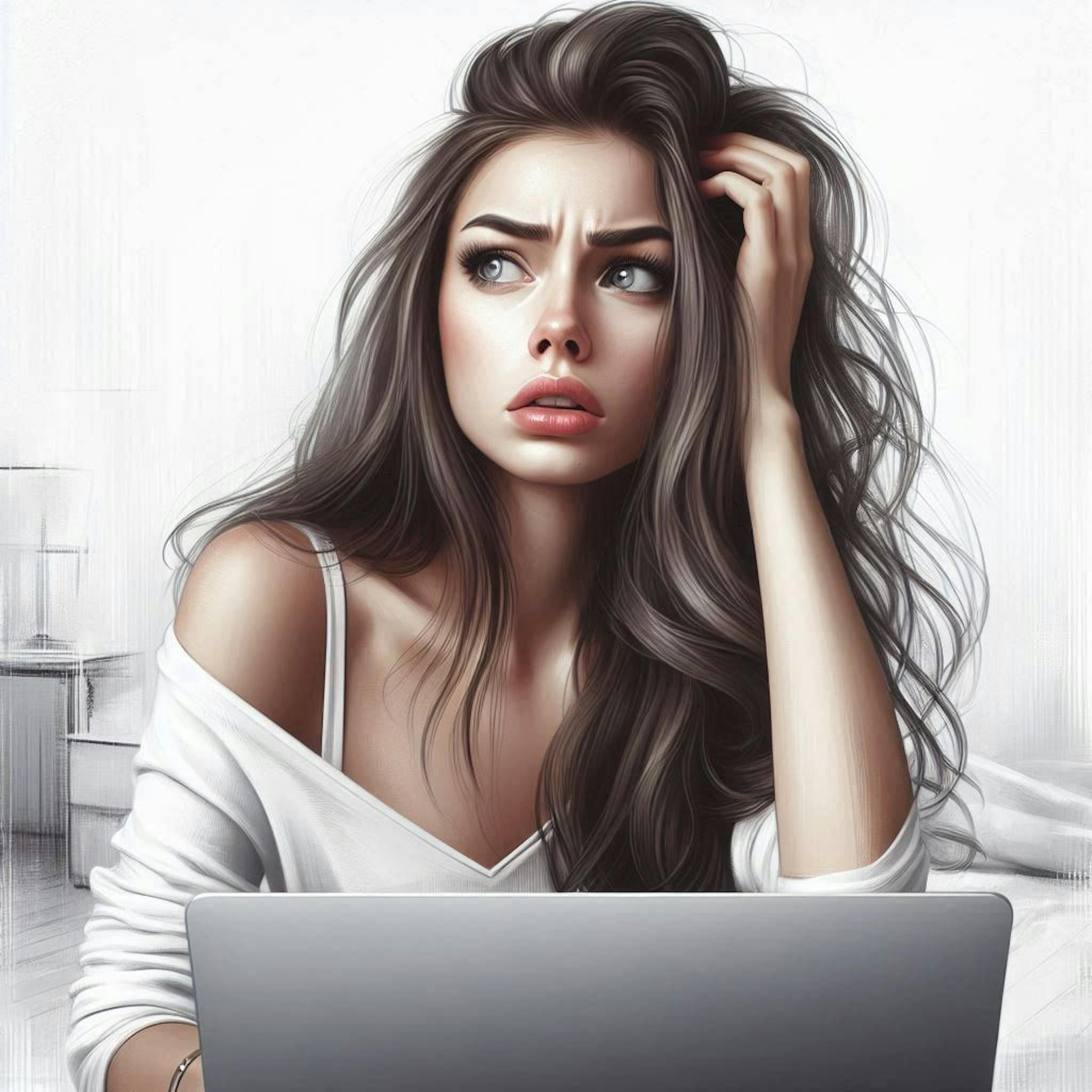 A beautiful woman looking at her laptop with confused face. 