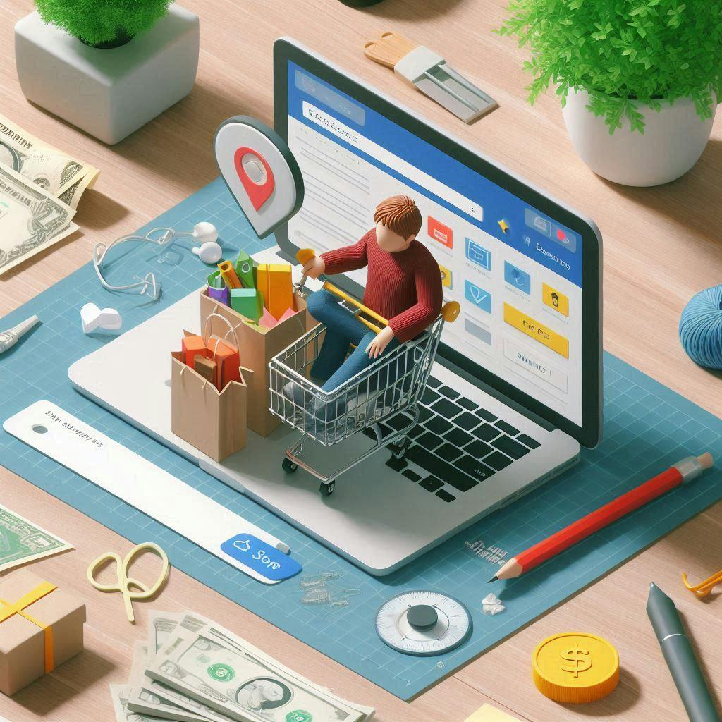 A person shopping on a shopping cart representing online shopping in cartoon style. A person shopping on a shopping cart representing online shopping in cartoon style.