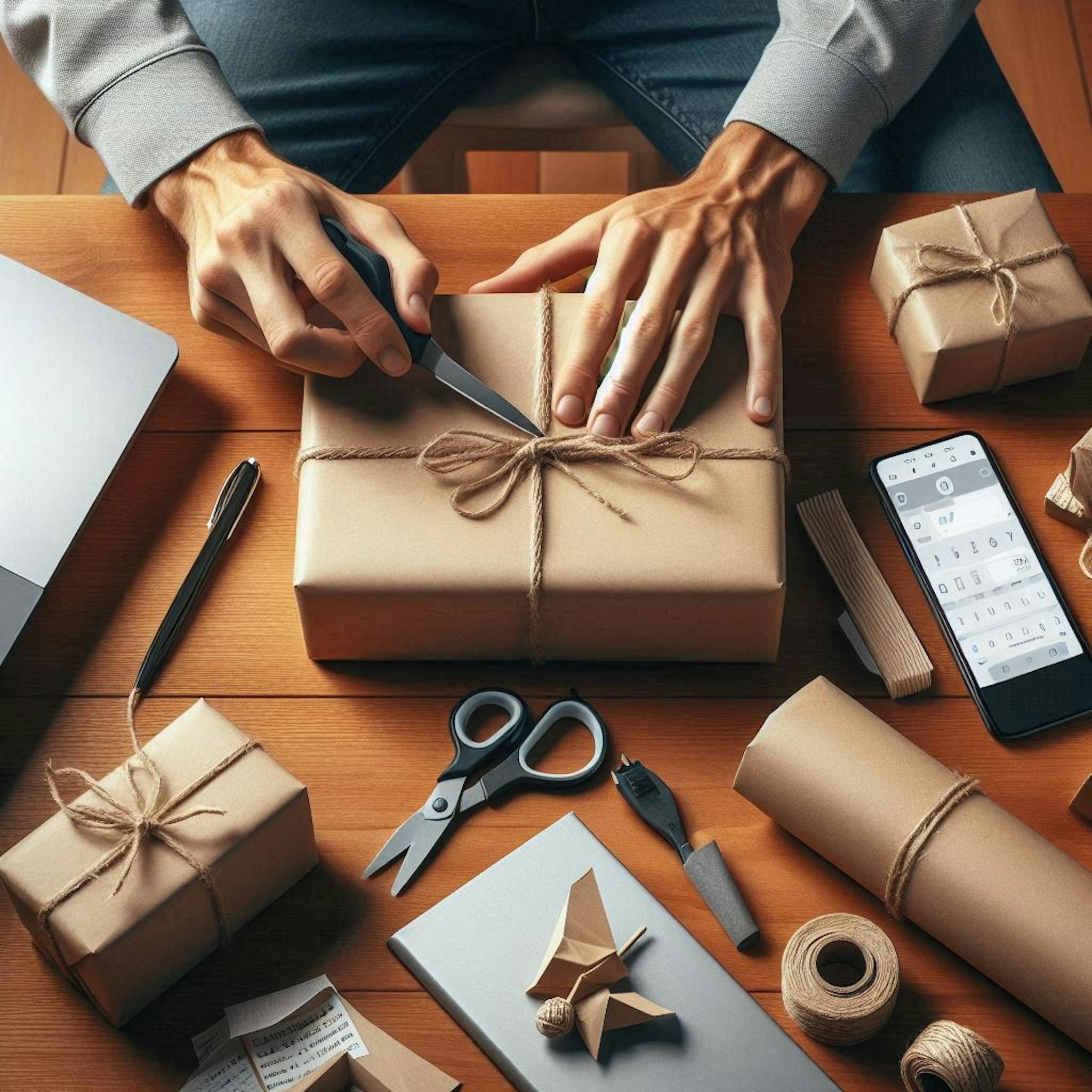 Well-dressed man wrapping a package with high-quality paper. 