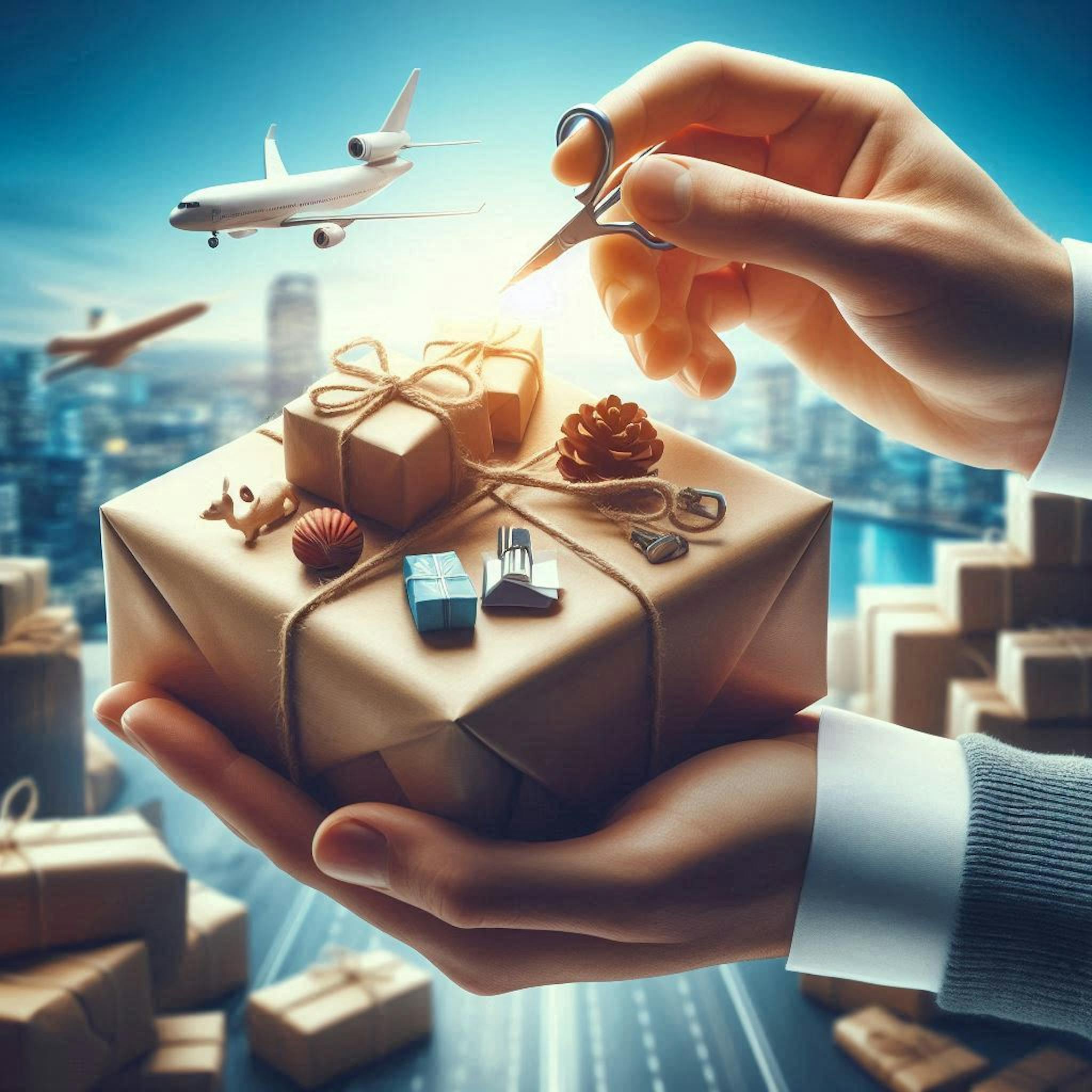 A hand preparing a shipping package, planes in the background. 