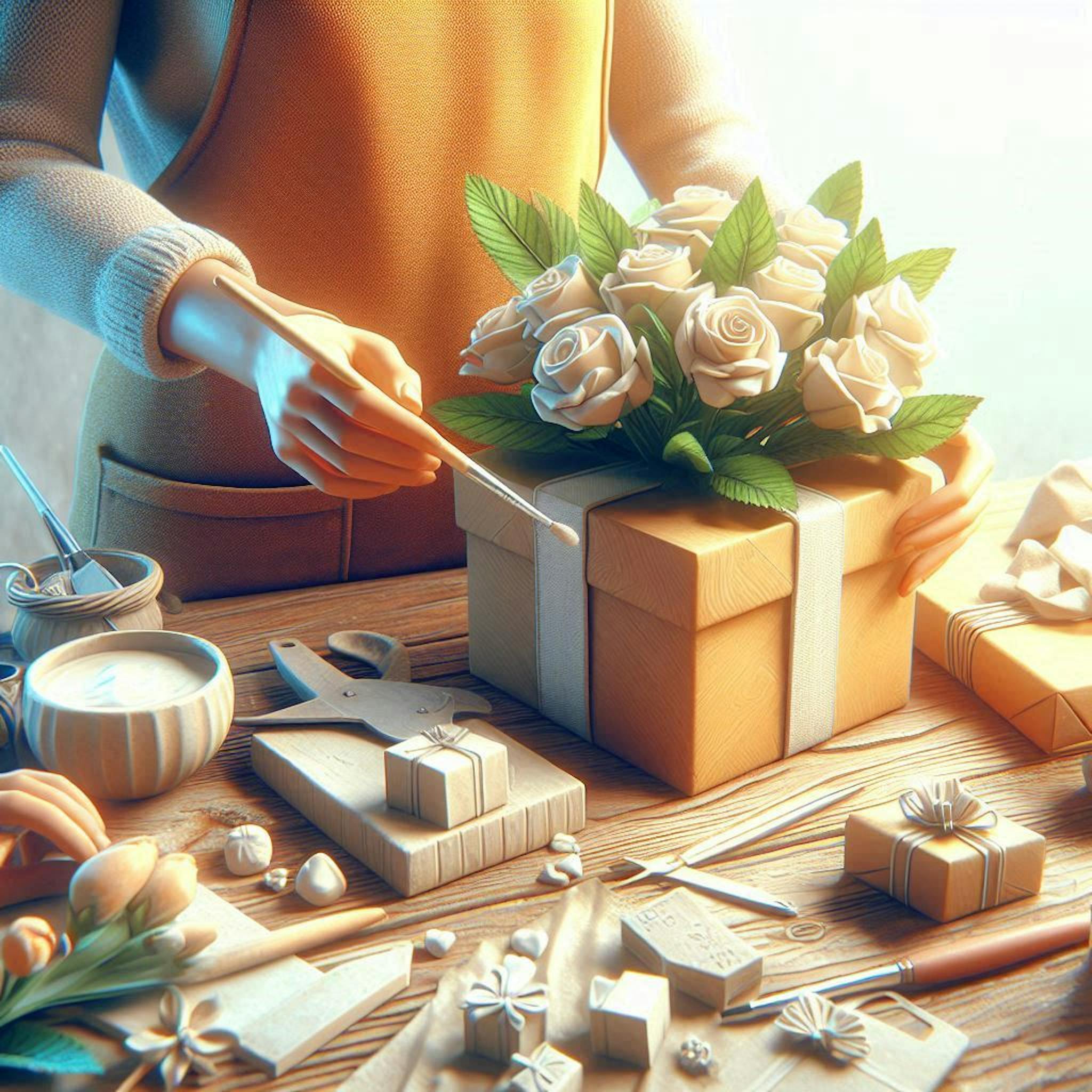 A woman preparing a gift package with a bouquet over it. 