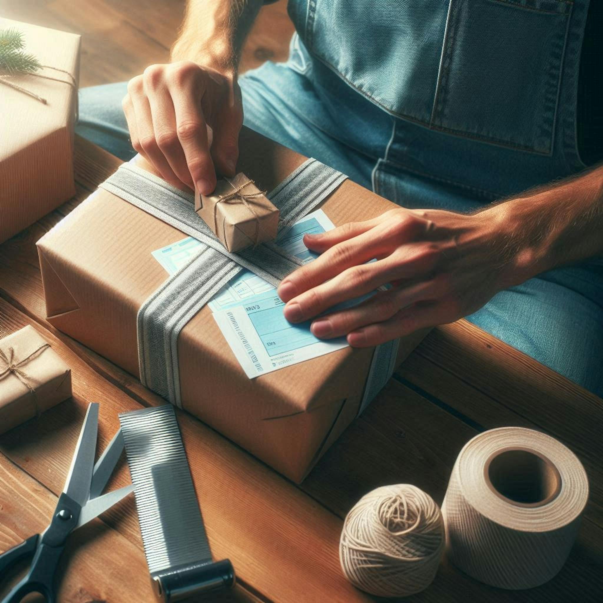 Two packages are being prepared to be shipped on top of each other. 