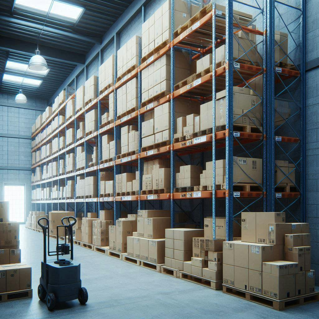 A full shelf of packages in a warehouse. A full shelf of packages in a warehouse.