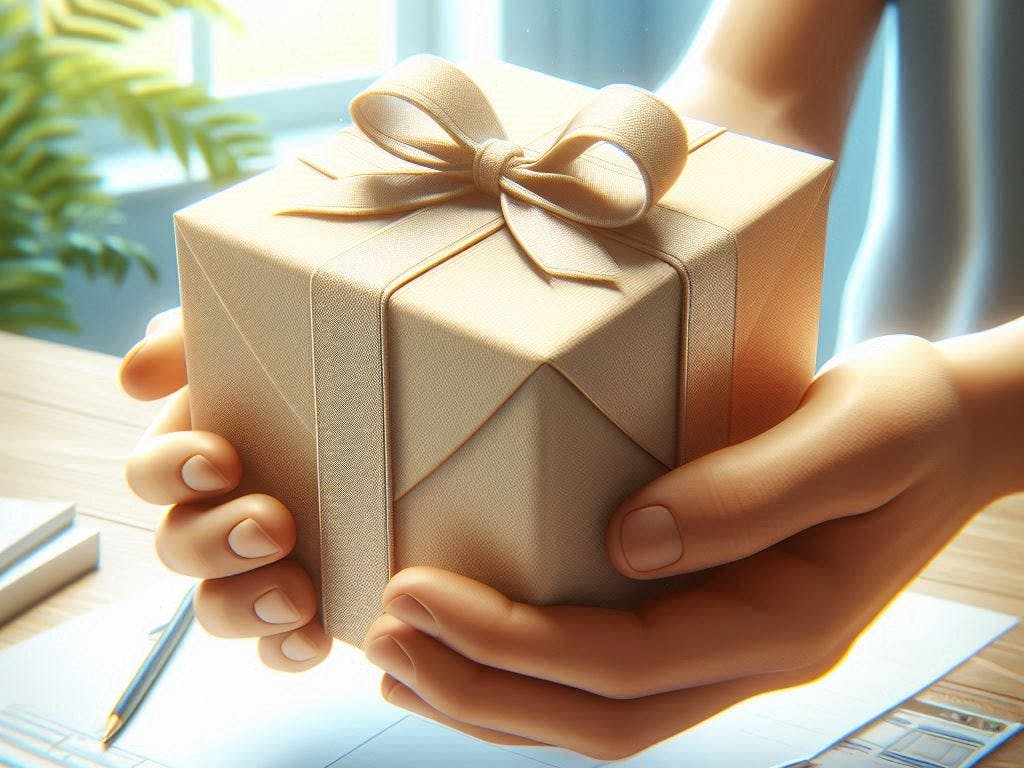 A hand giving out a gift-wrapped package. 