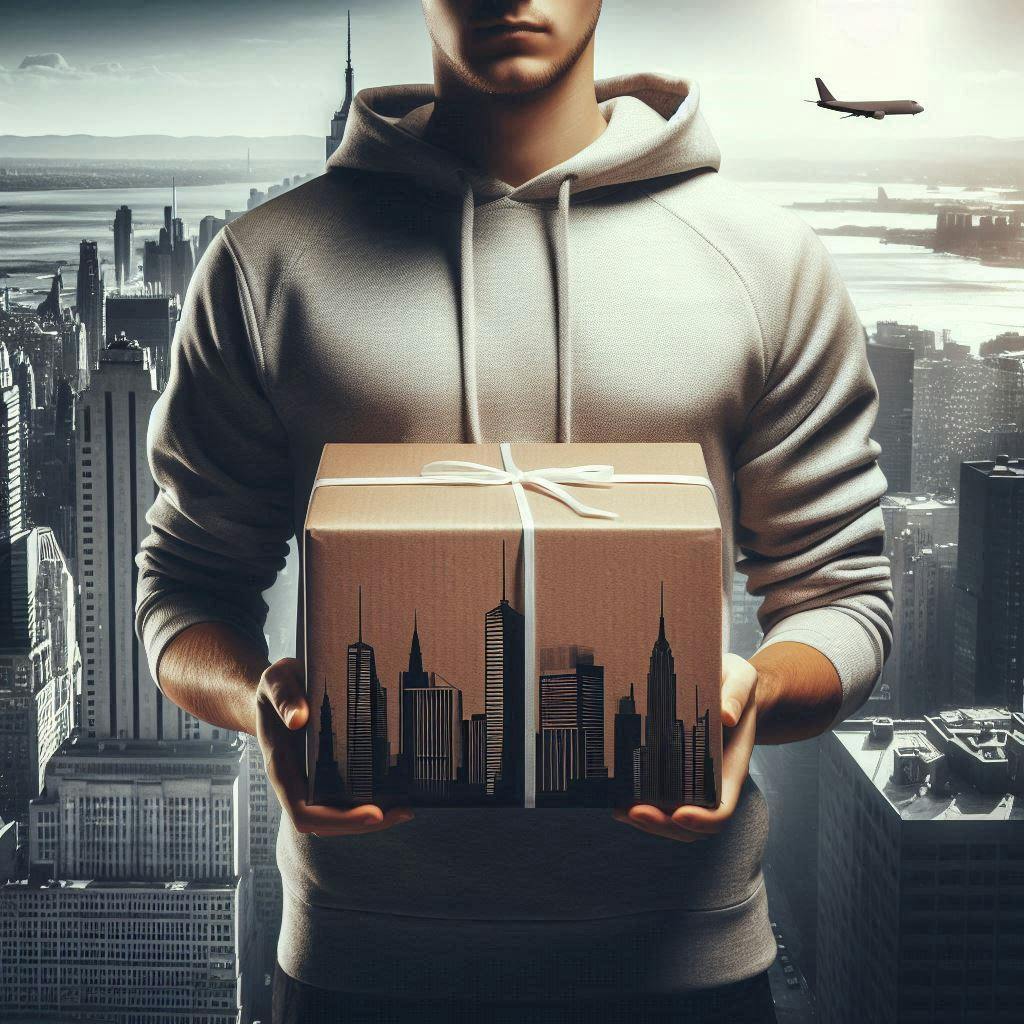 A man holding a package with New York City silhouette on the background. A man holding a package with New York City silhouette on the background.