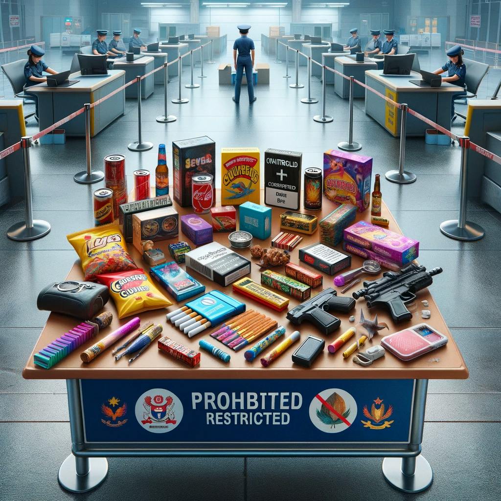 prohibited and restricted items for shipping to Singapore. The items, including chewing gum, e-cigarettes, firecrackers, controlled drugs, and wildlife products, are displayed on a table with signs indicating their prohibited or restricted status