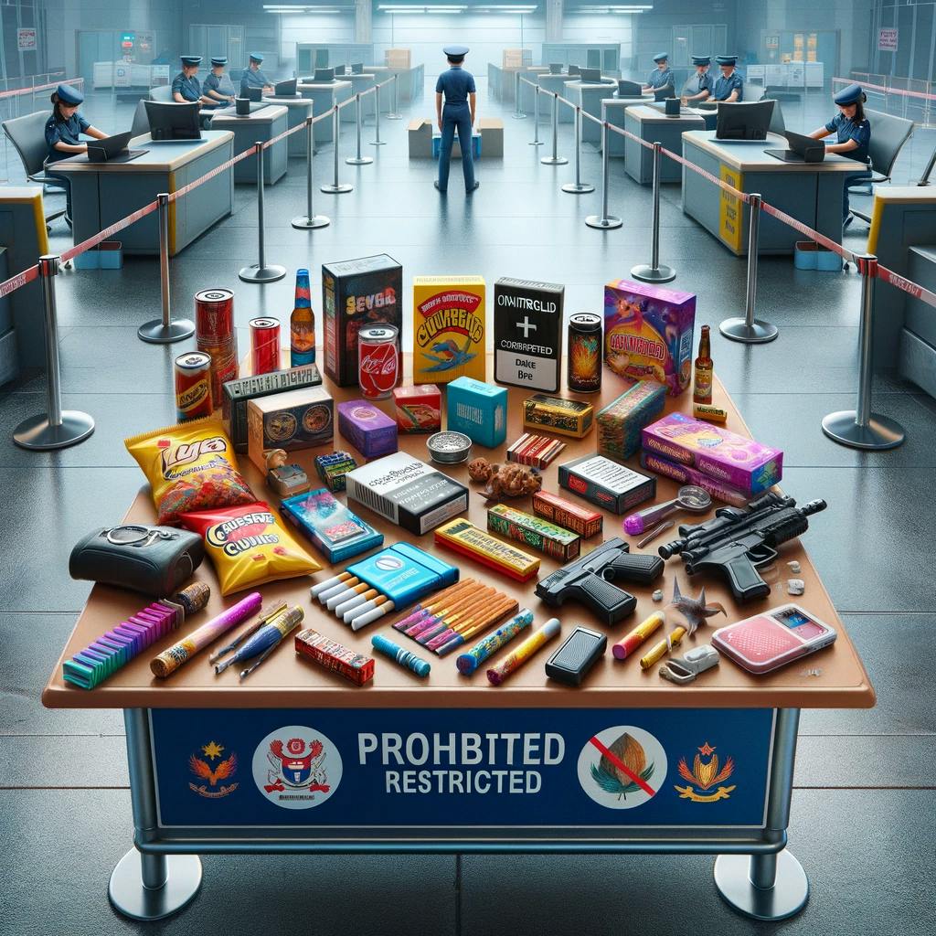 prohibited and restricted items for shipping to Singapore. The items, including chewing gum, e-cigarettes, firecrackers, controlled drugs, and wildlife products, are displayed on a table with signs indicating their prohibited or restricted status prohibited and restricted items for shipping to Singapore. The items, including chewing gum, e-cigarettes, firecrackers, controlled drugs, and wildlife products, are displayed on a table with signs indicating their prohibited or restricted status
