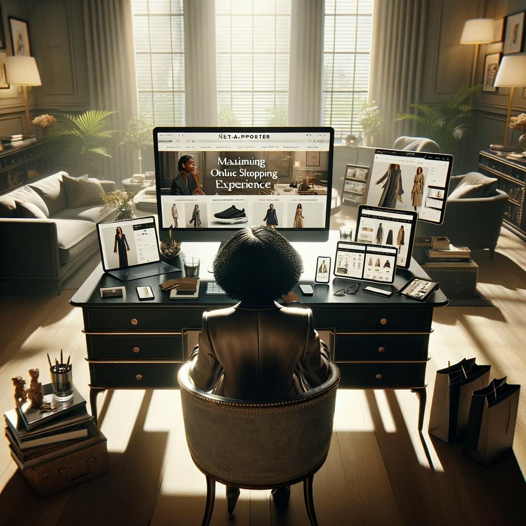 a scene focused on maximizing the online shopping experience with Net-a-Porter. a scene focused on maximizing the online shopping experience with Net-a-Porter.