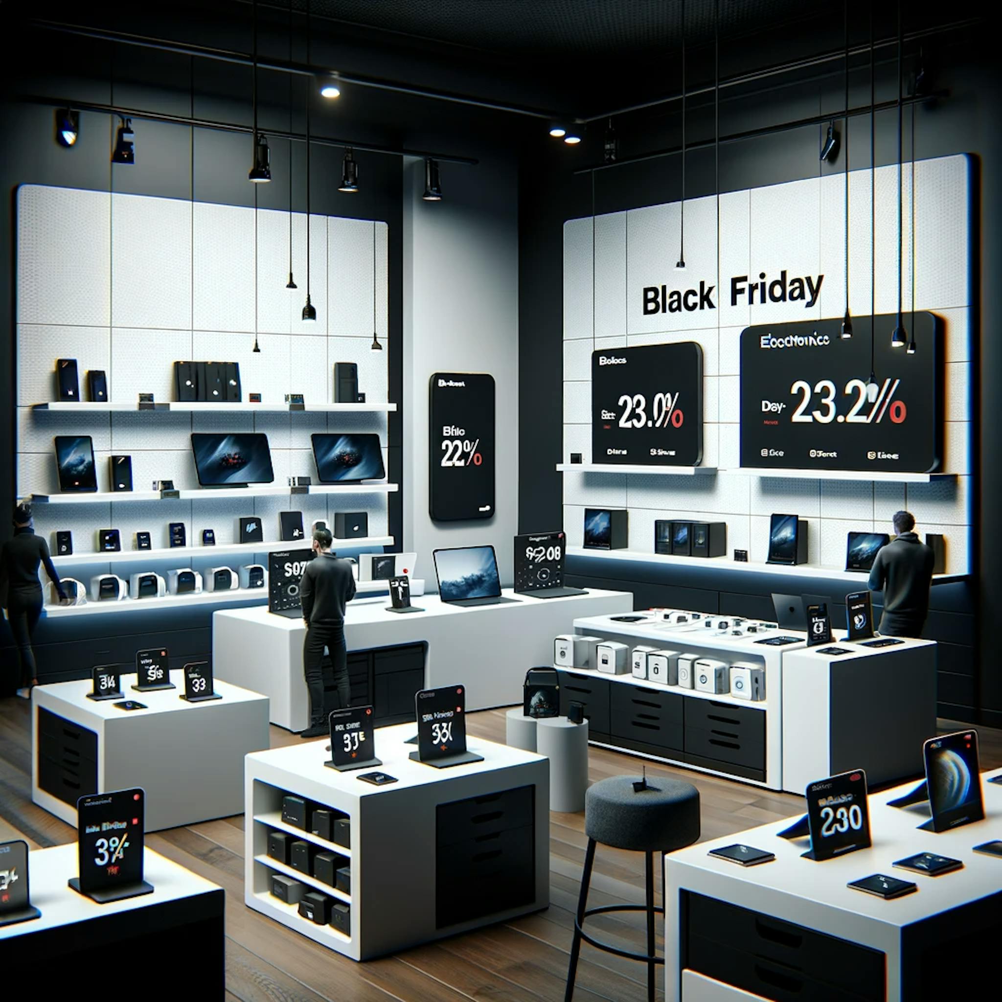 minimalist and realistic scene of Black Friday deals and sales on electronics in a modern store setting