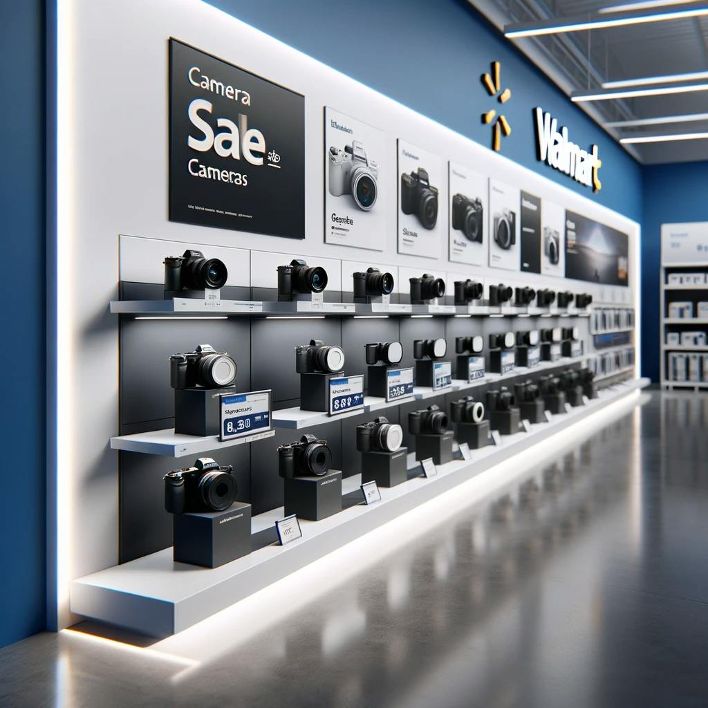 minimalist and realistic scene of sales and deals on cameras at Walmart. minimalist and realistic scene of sales and deals on cameras at Walmart.