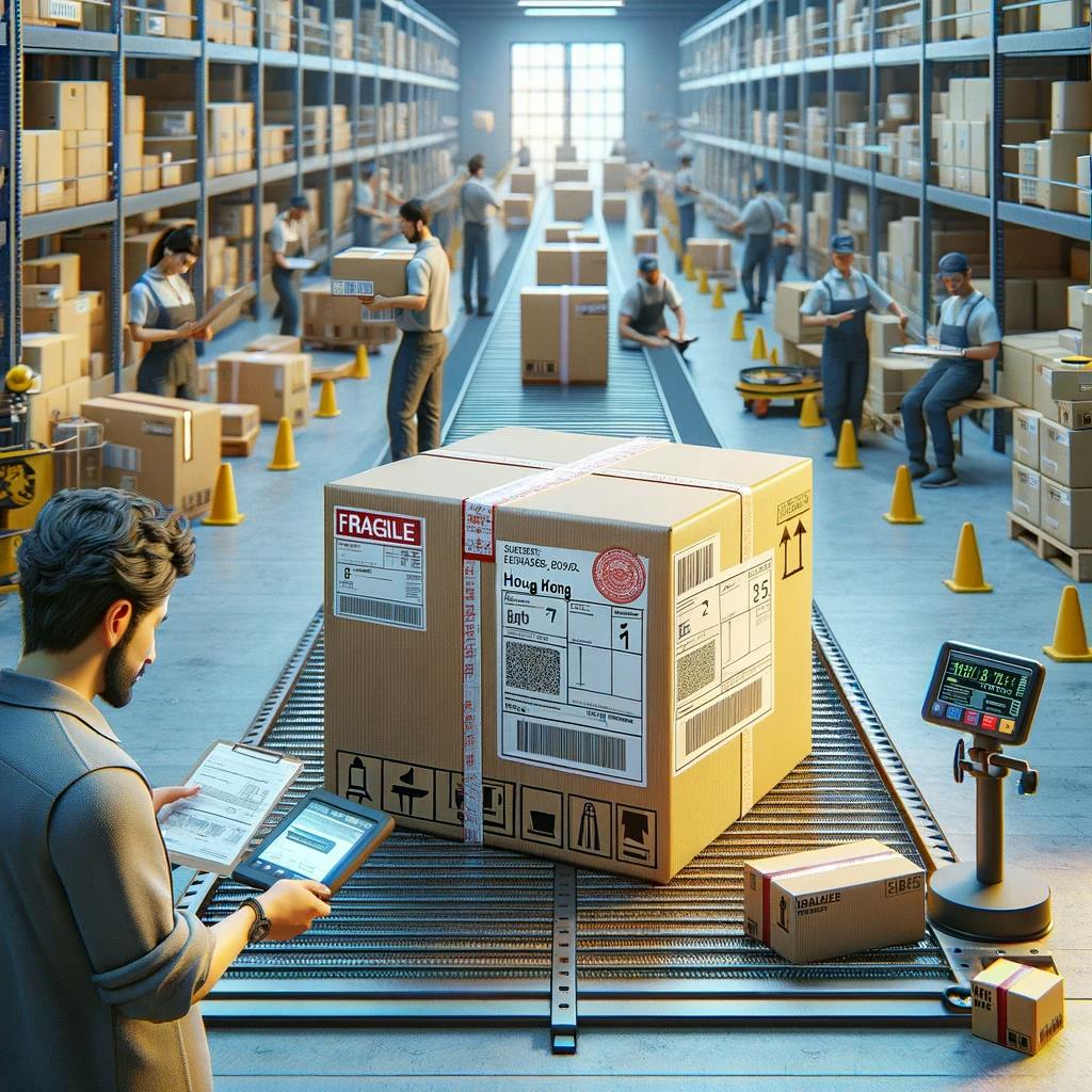 a package being shipped internationally from the US to Hong Kong in a busy shipping center a package being shipped internationally from the US to Hong Kong in a busy shipping center
