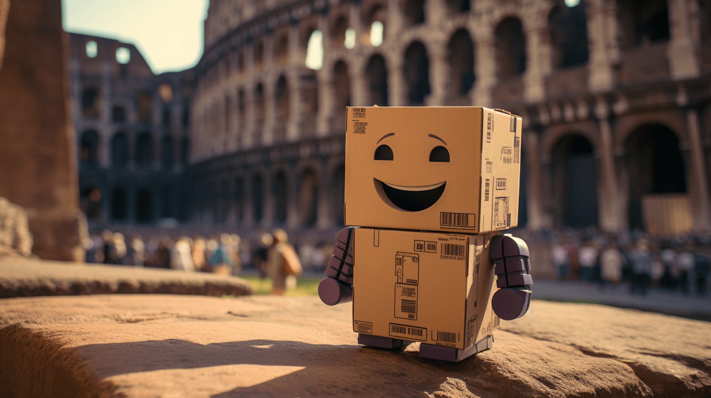 mini robot stands in front of the colosseum, in the style of made of cardboard