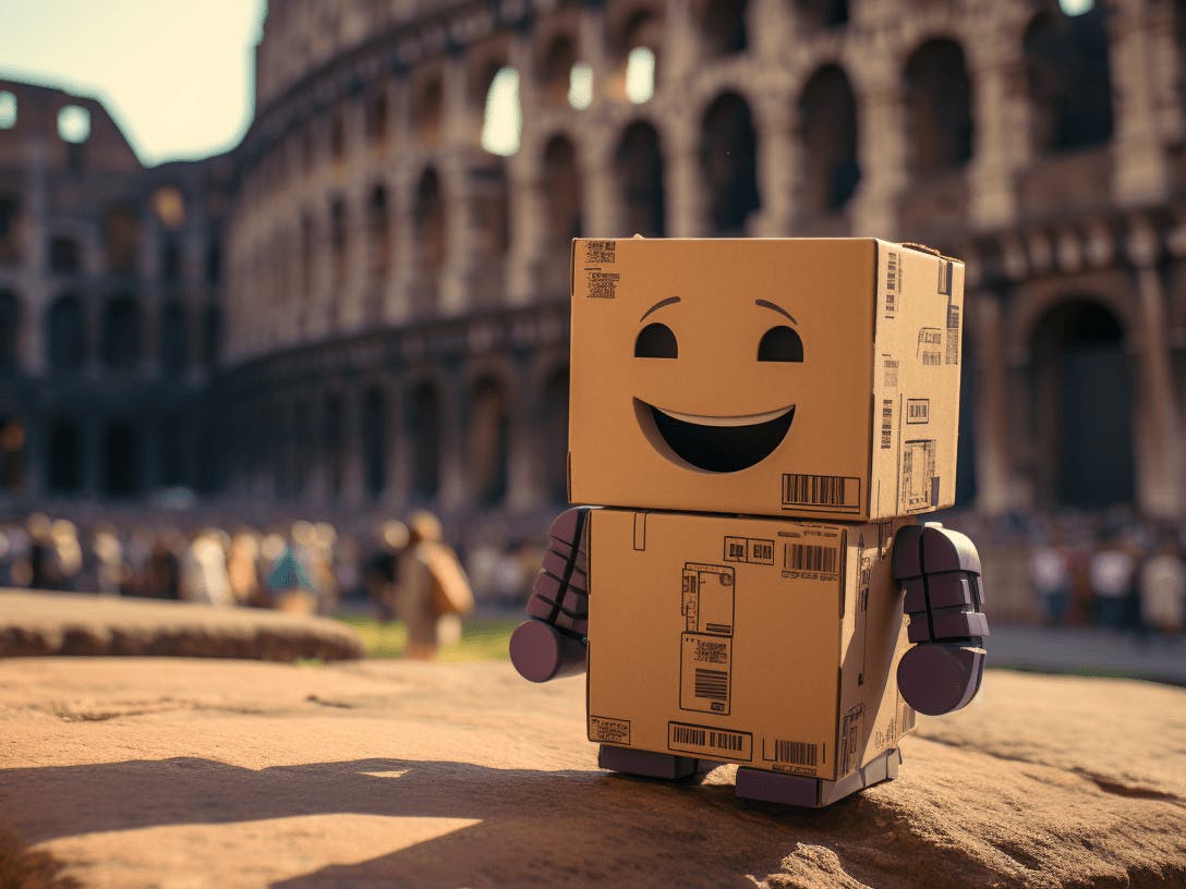 mini robot stands in front of the colosseum, in the style of made of cardboard