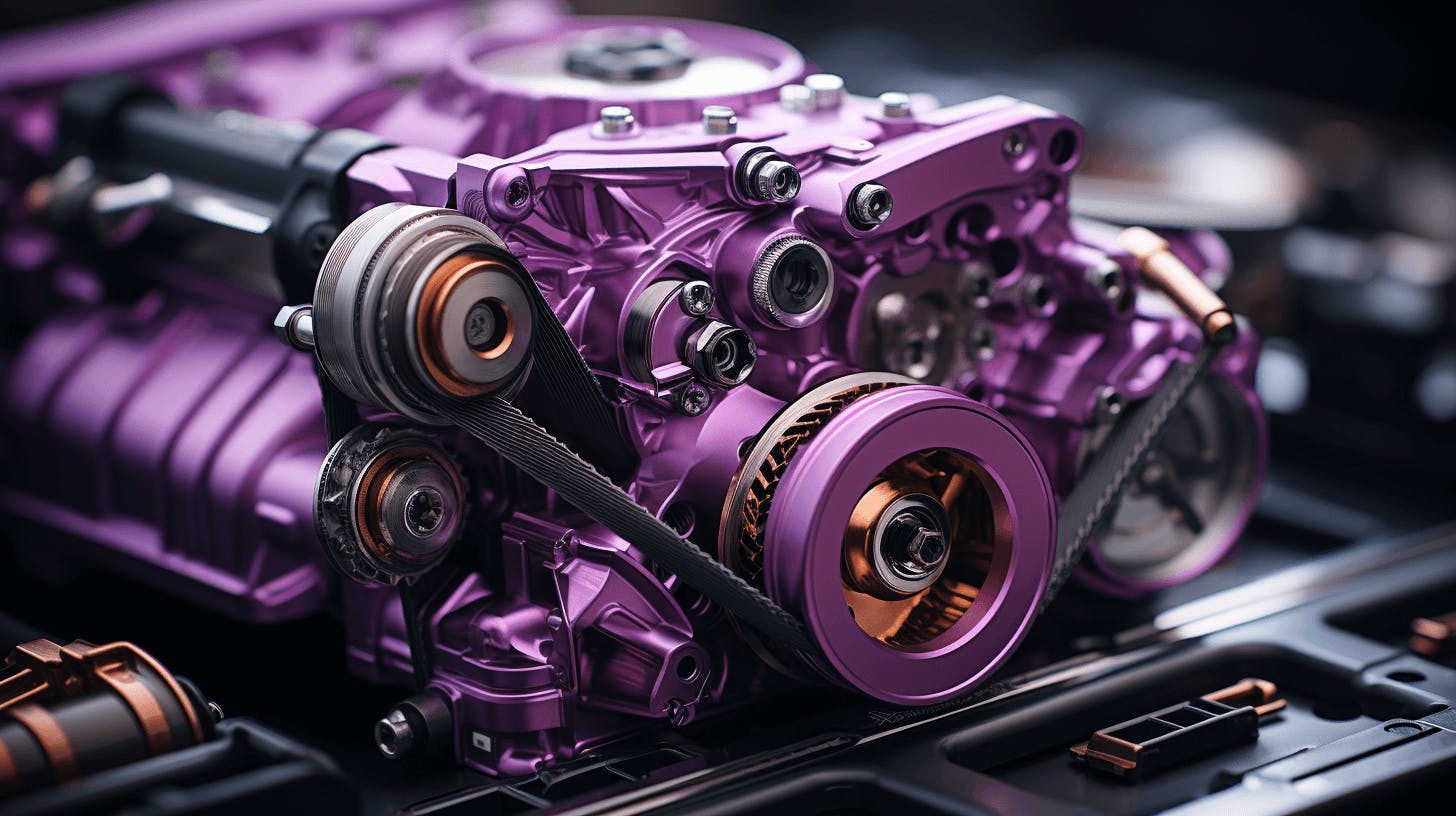 purple car engine with gears in the engine compartment