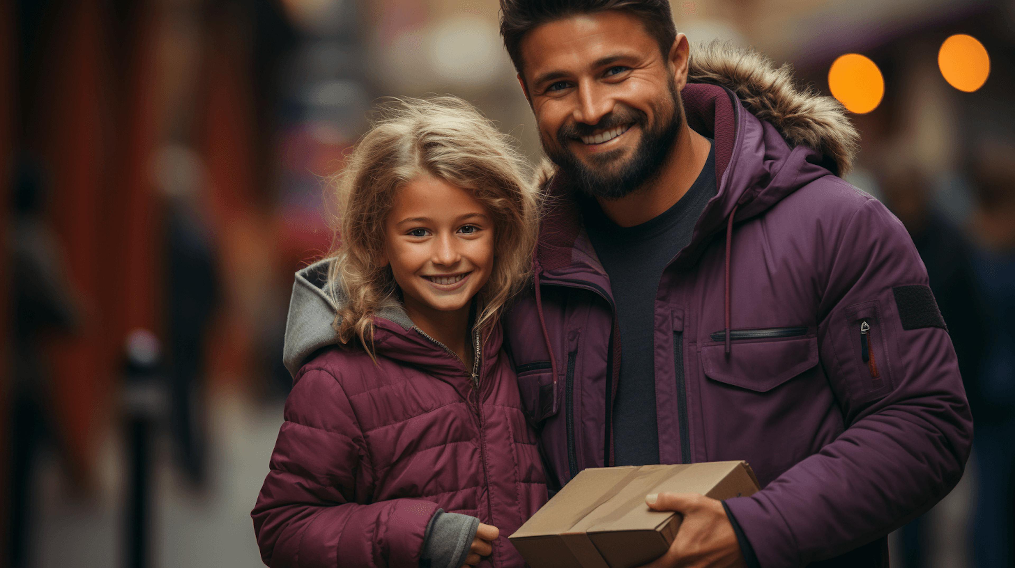 dad stands holding a gift box with a young girl in the street, in the style of dark purple and dark gray