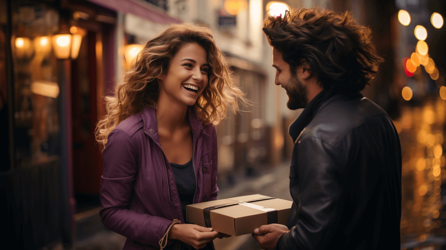 a woman receiving a shipping package a man who is courier guy