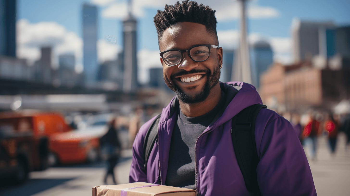 an African American man smiling with package, in the style of vibrant cityscapes, queer academia