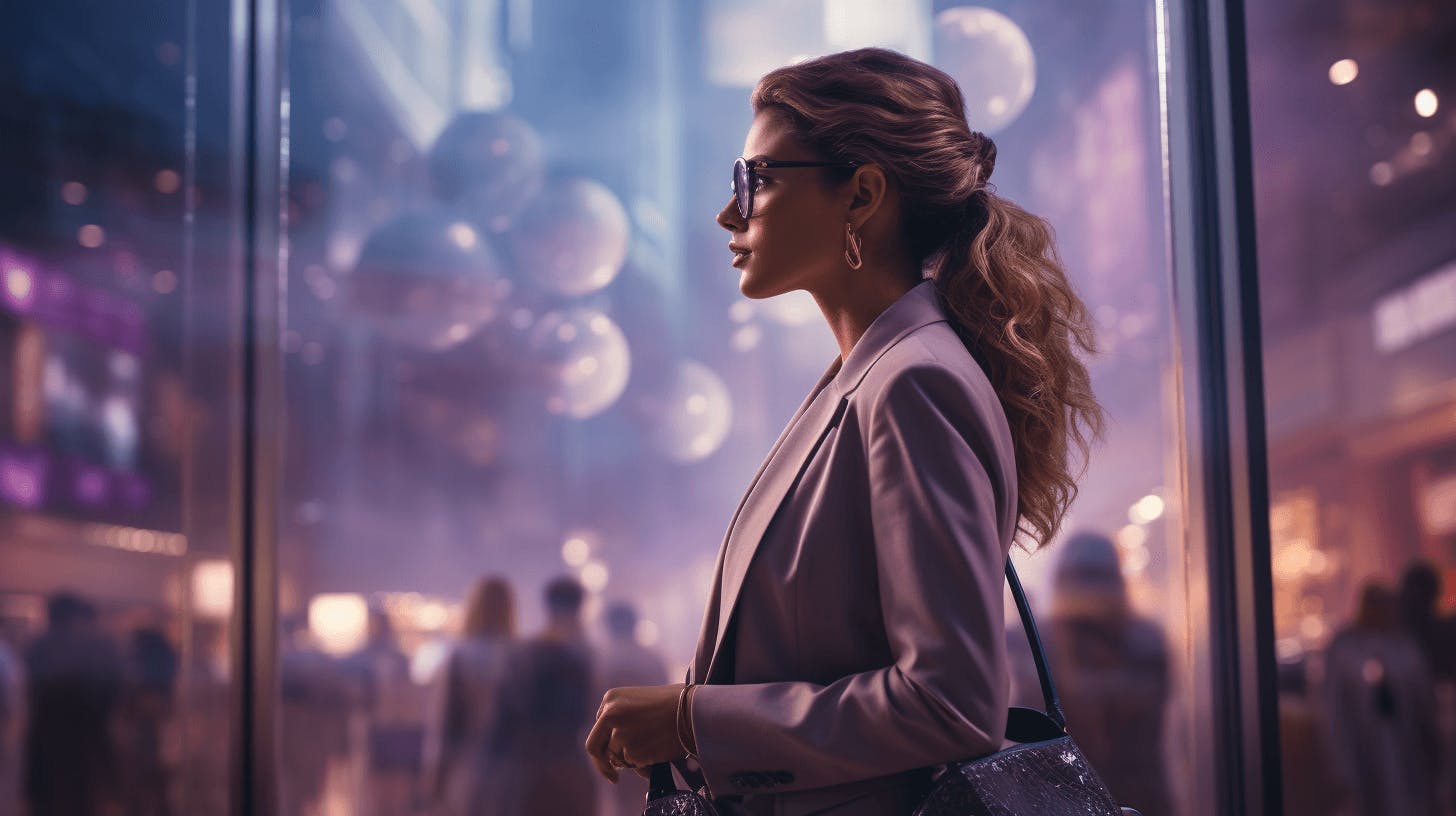 a woman in a business suit looks out onto a city scene