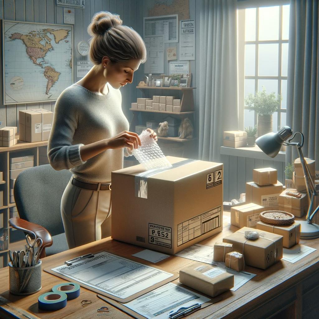a package being prepared for international shipping in a small business office setting. a package being prepared for international shipping in a small business office setting.