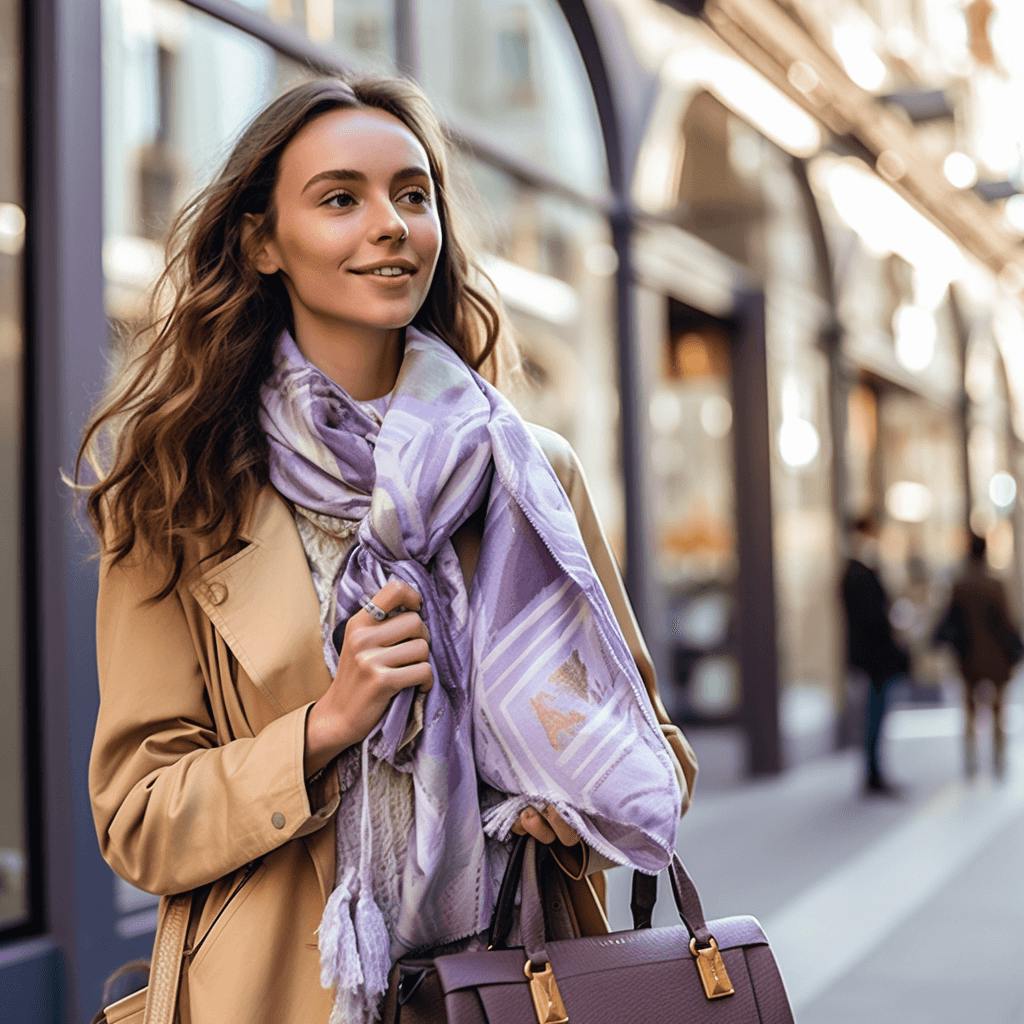 woman wearing beige jacket and scarf holding a bag on a busy street