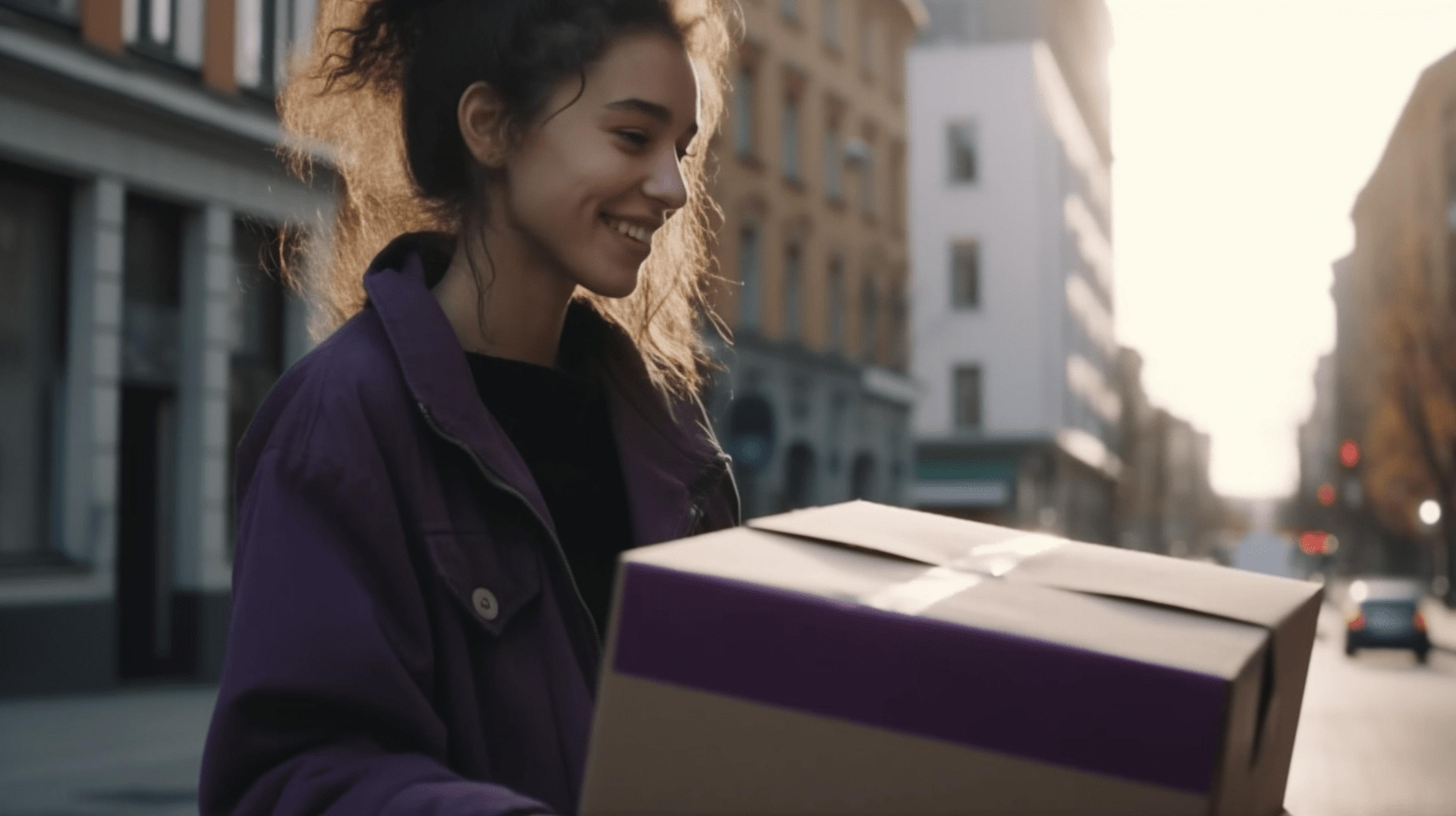 A woman happily receiving a package from a US store, delivered via international shipping
