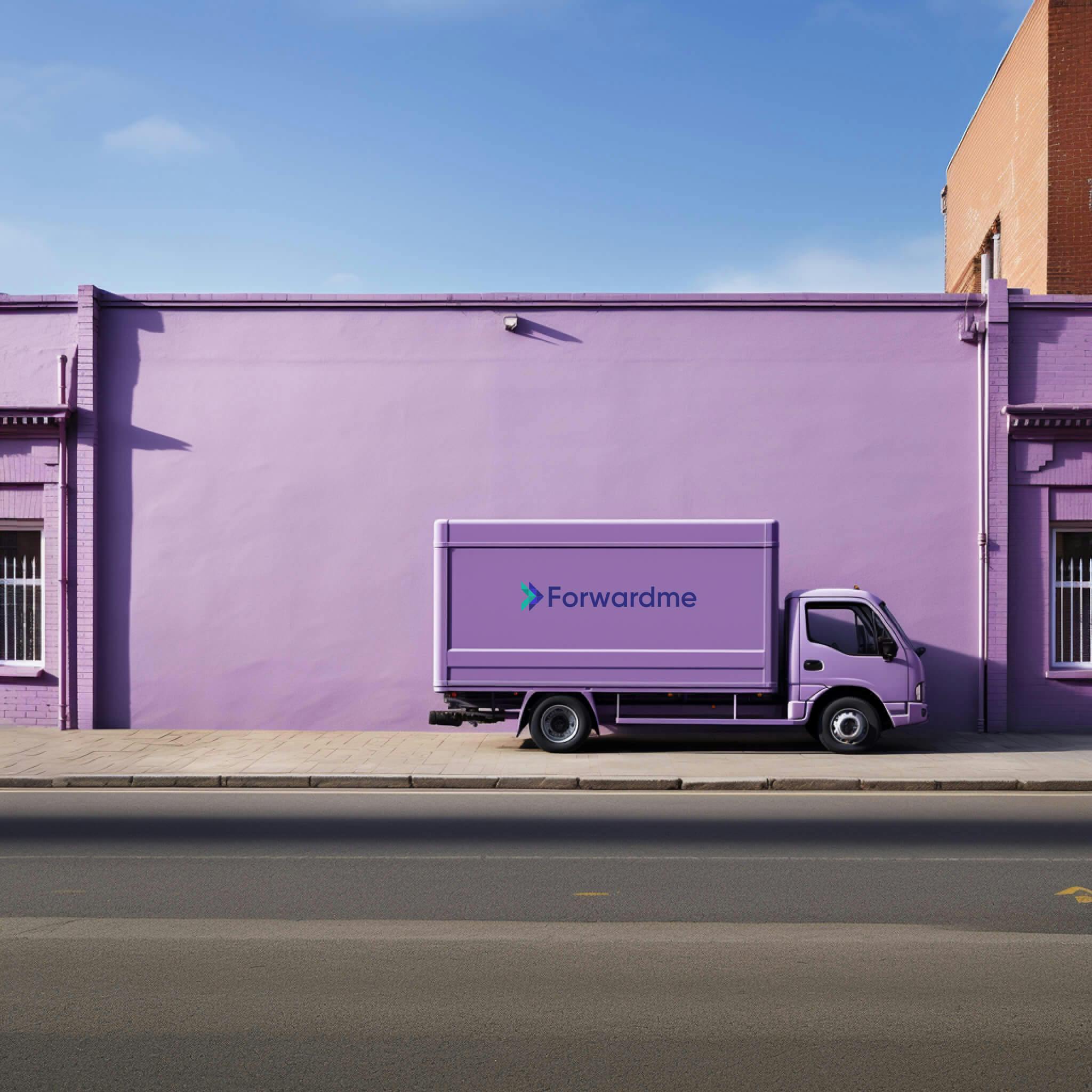 a purple delivery truck parked alongside a purple building, in the style of minimalist typography