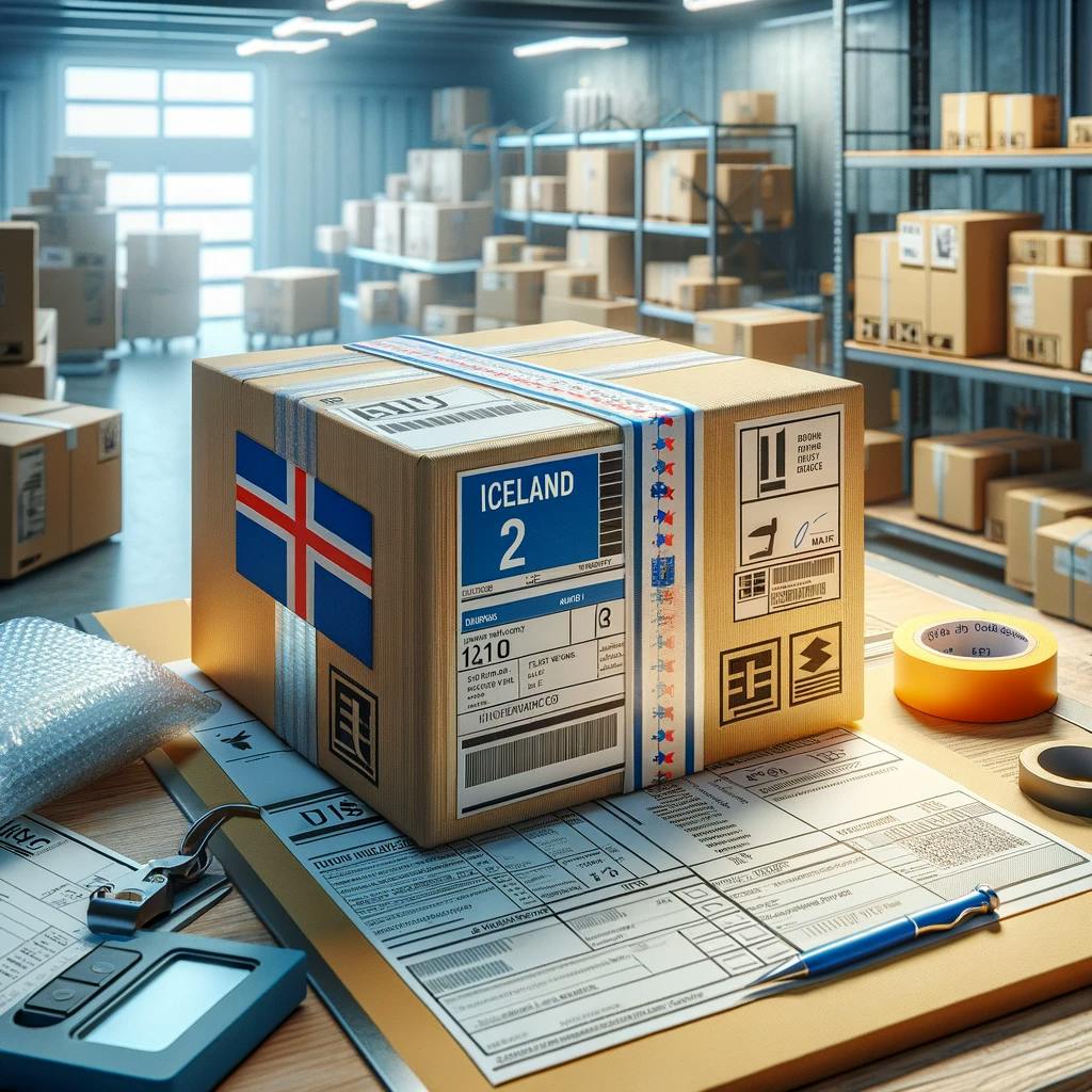 a package being prepared for international shipping to Iceland from the US