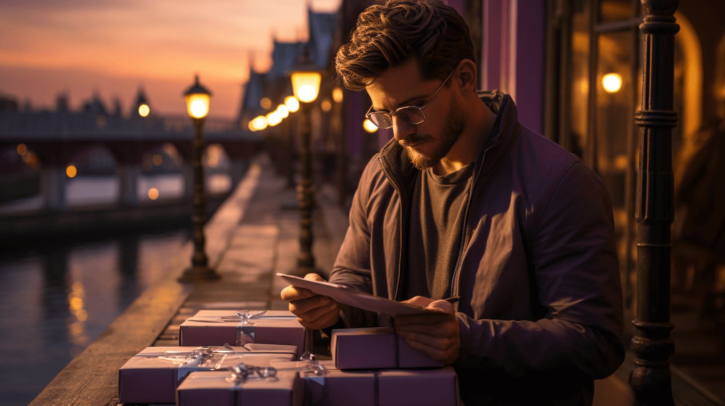 a man is looking at a gift list, in the style of cityscape photographer